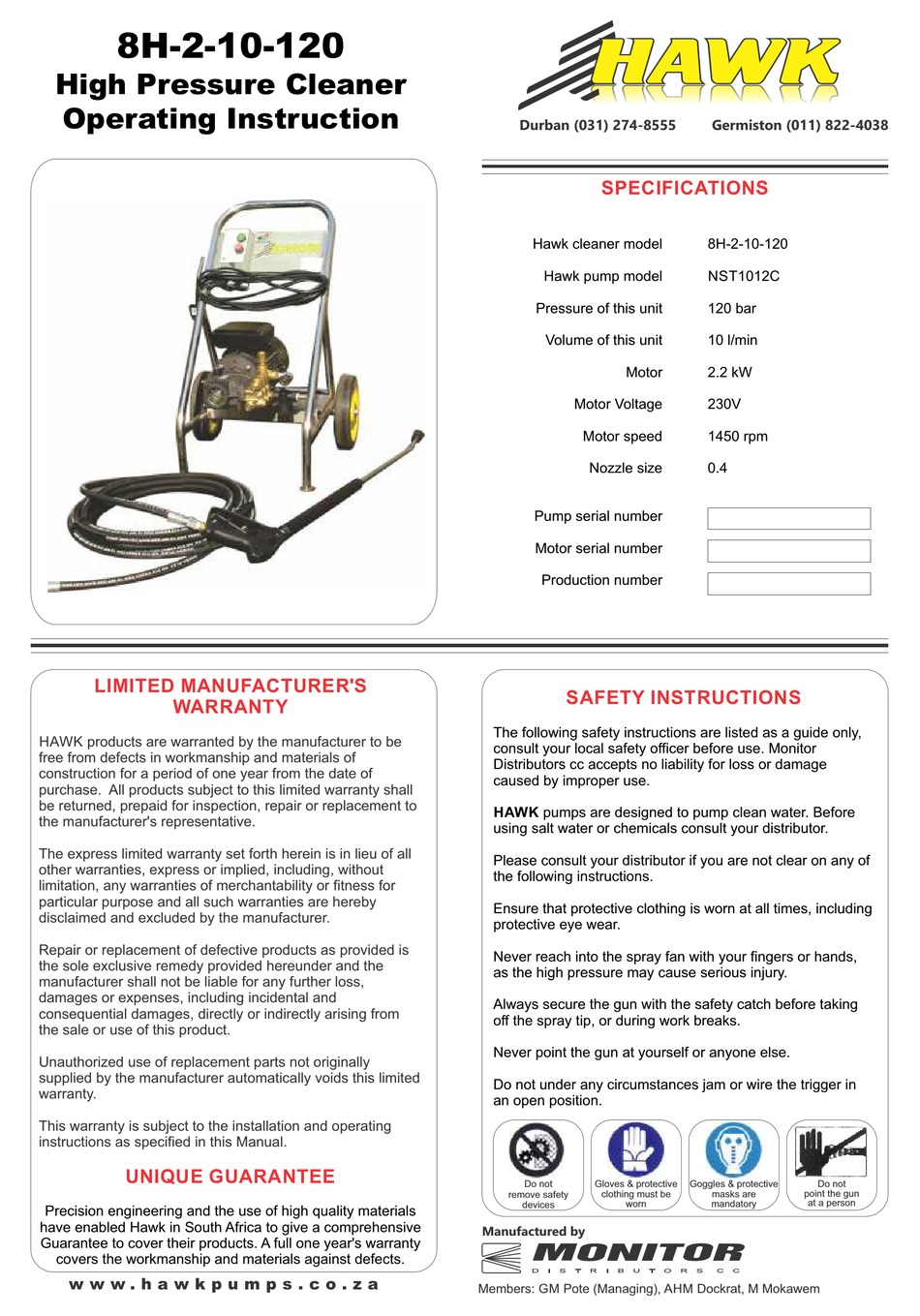 HAWK 8H210120 OPERATING INSTRUCTION Pdf Download ManualsLib