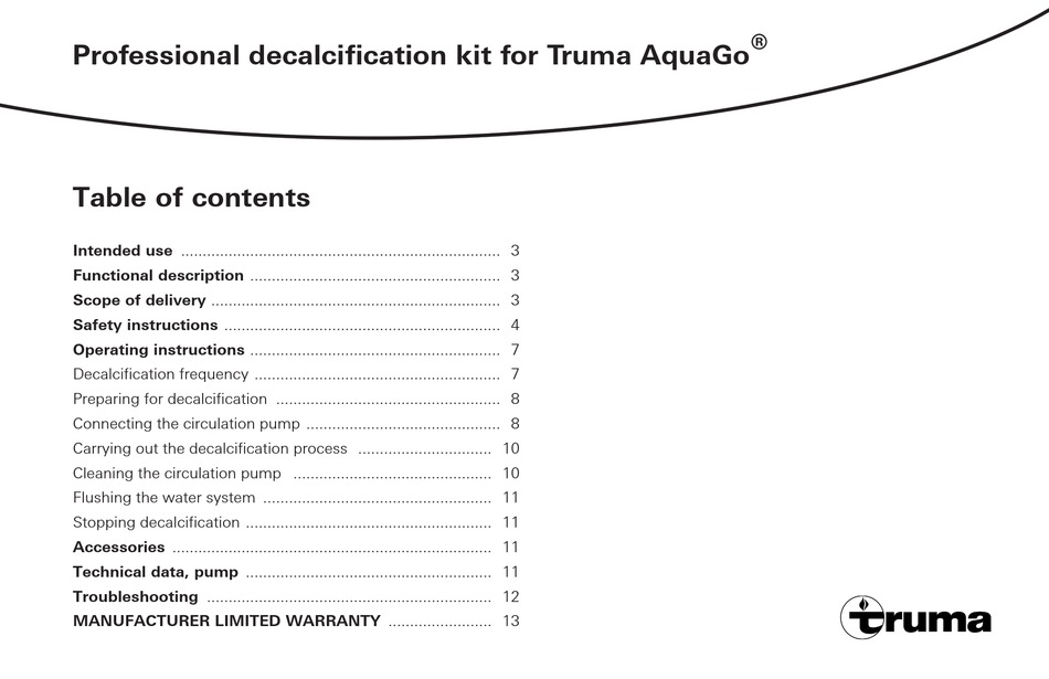 Operating Instructions; Decalcification Frequency - Truma AquaGo Operating Instructions  Manual [Page 7] | ManualsLib