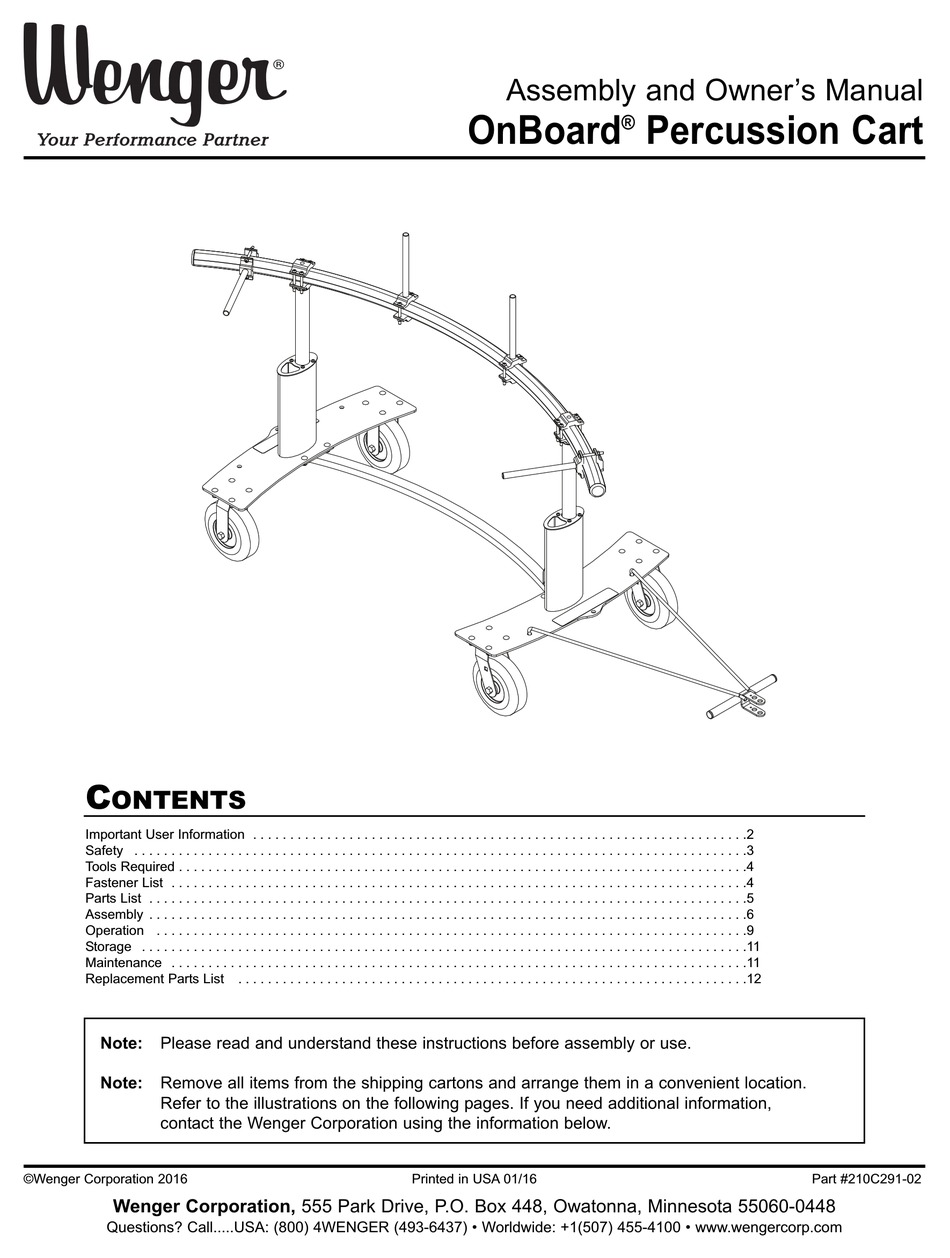 WENGER ONBOARD PERCUSSION CART ASSEMBLY AND OWNER'S MANUAL Pdf Download