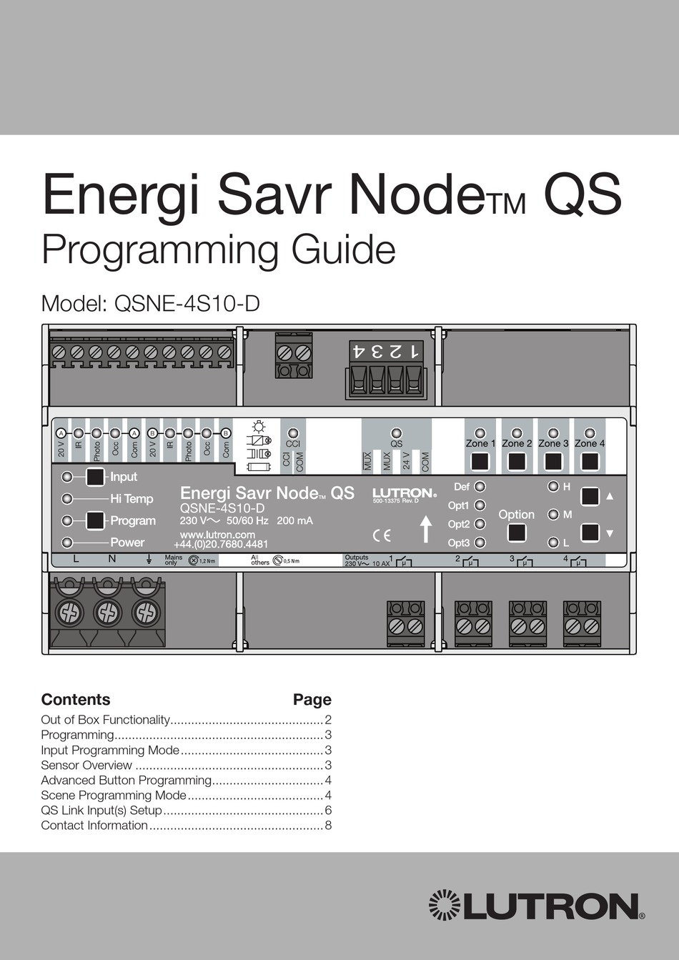 LUTRON ELECTRONICS ENERGI SAVR NODE QS QSNE-4S10-D PROGRAMMING MANUAL