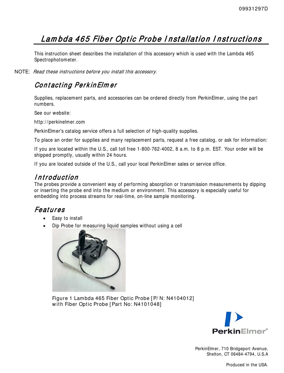 PERKINELMER LAMBDA 465 INSTALLATION INSTRUCTIONS MANUAL Pdf Download