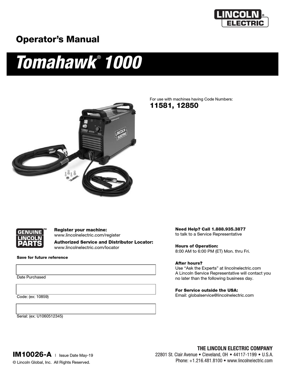 LINCOLN ELECTRIC TOMAHAWK 1000 OPERATOR
