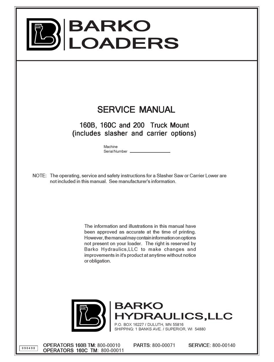 Barko Hydraulics Barko Loaders 160b Service Manual Pdf Download Manualslib