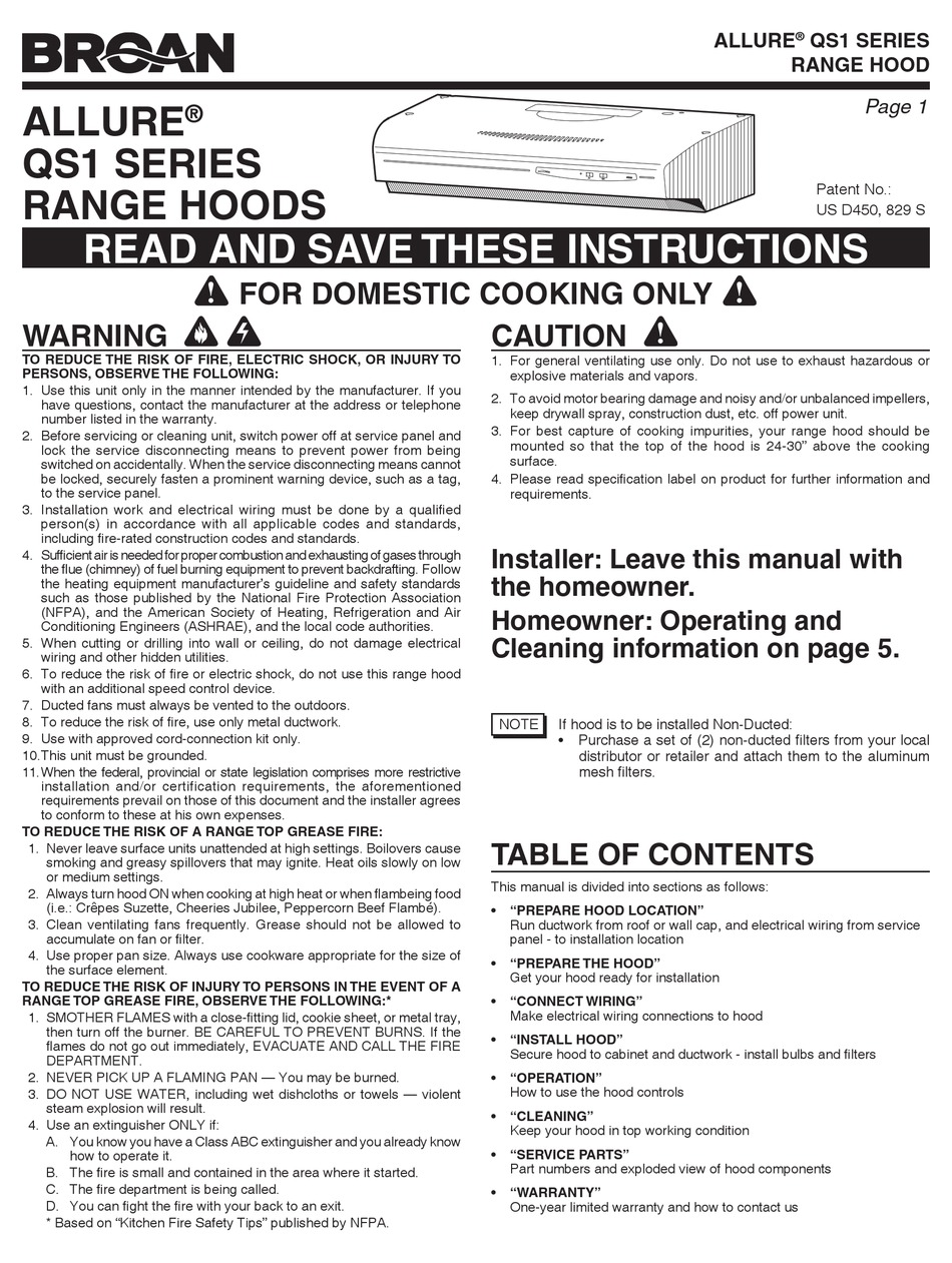 BROAN ALLURE QS1 SERIES INSTRUCTIONS MANUAL Pdf Download ManualsLib