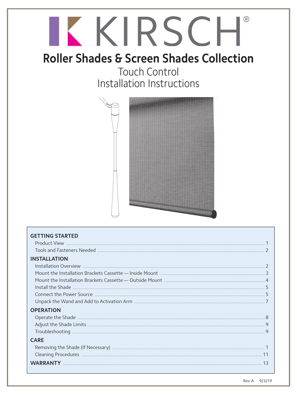 KIRSCH ROLLER SHADES TOUCH CONTROL INSTALLATION INSTRUCTIONS MANUAL Pdf
