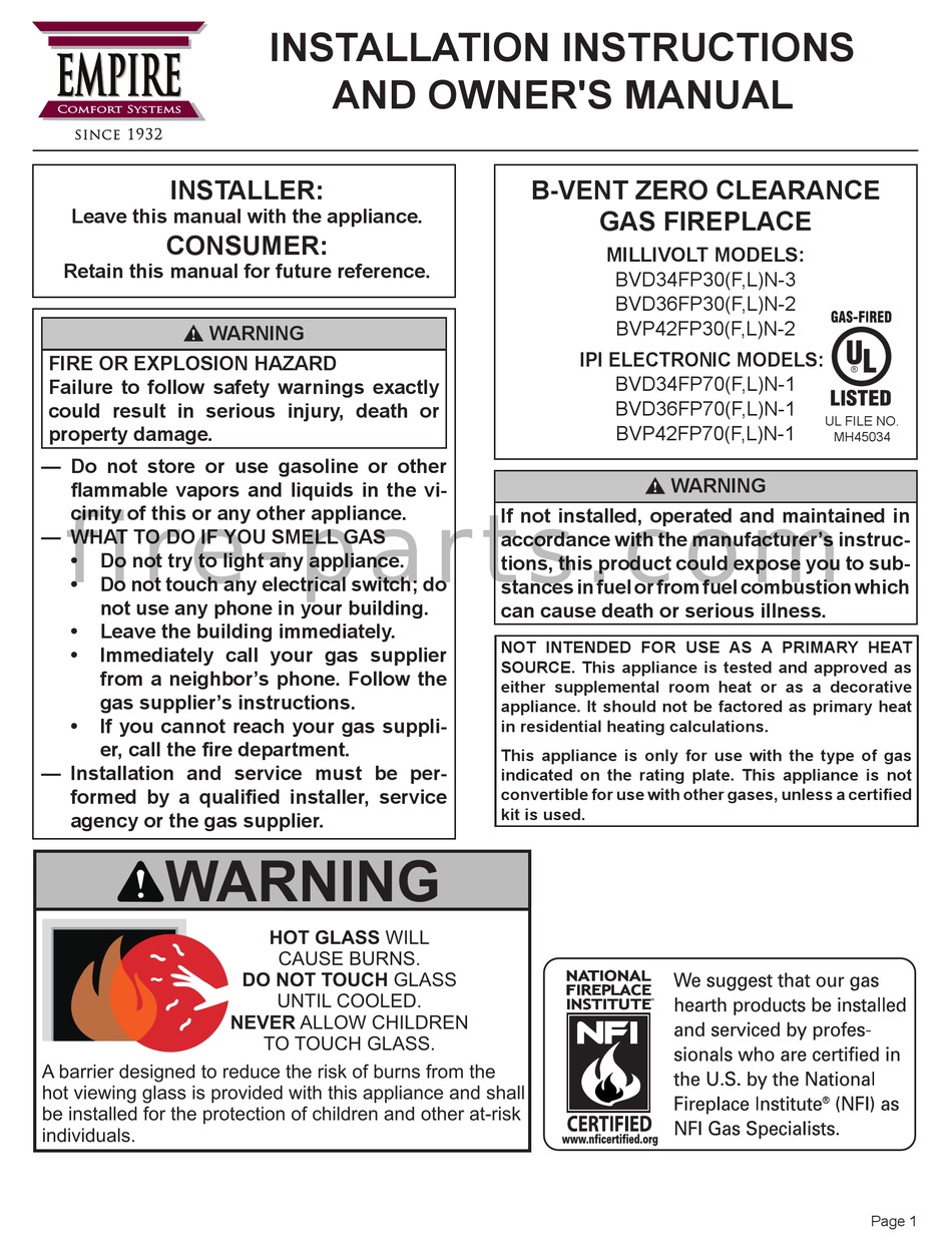 Empire Comfort Systems Millivolt 3 Series Installation Instructions And Owner S Manual Pdf Download Manualslib