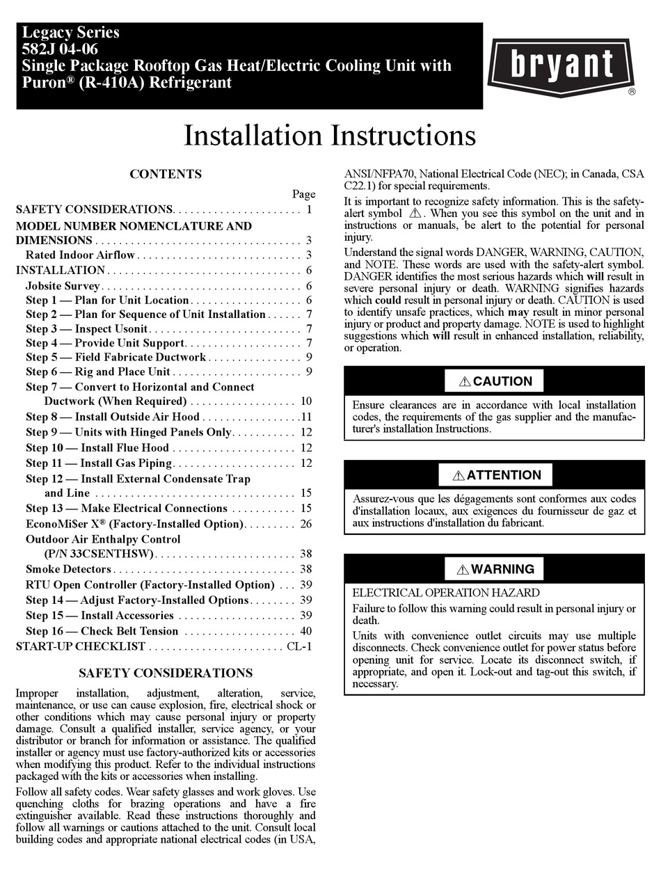 BRYANT LEGACY SERIES INSTALLATION INSTRUCTIONS MANUAL Pdf Download ...