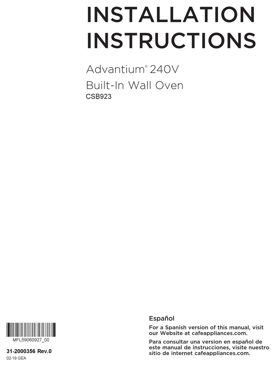 GE ADVANTIUM CSB923P2NS1 INSTALLATION INSTRUCTIONS MANUAL Pdf Download