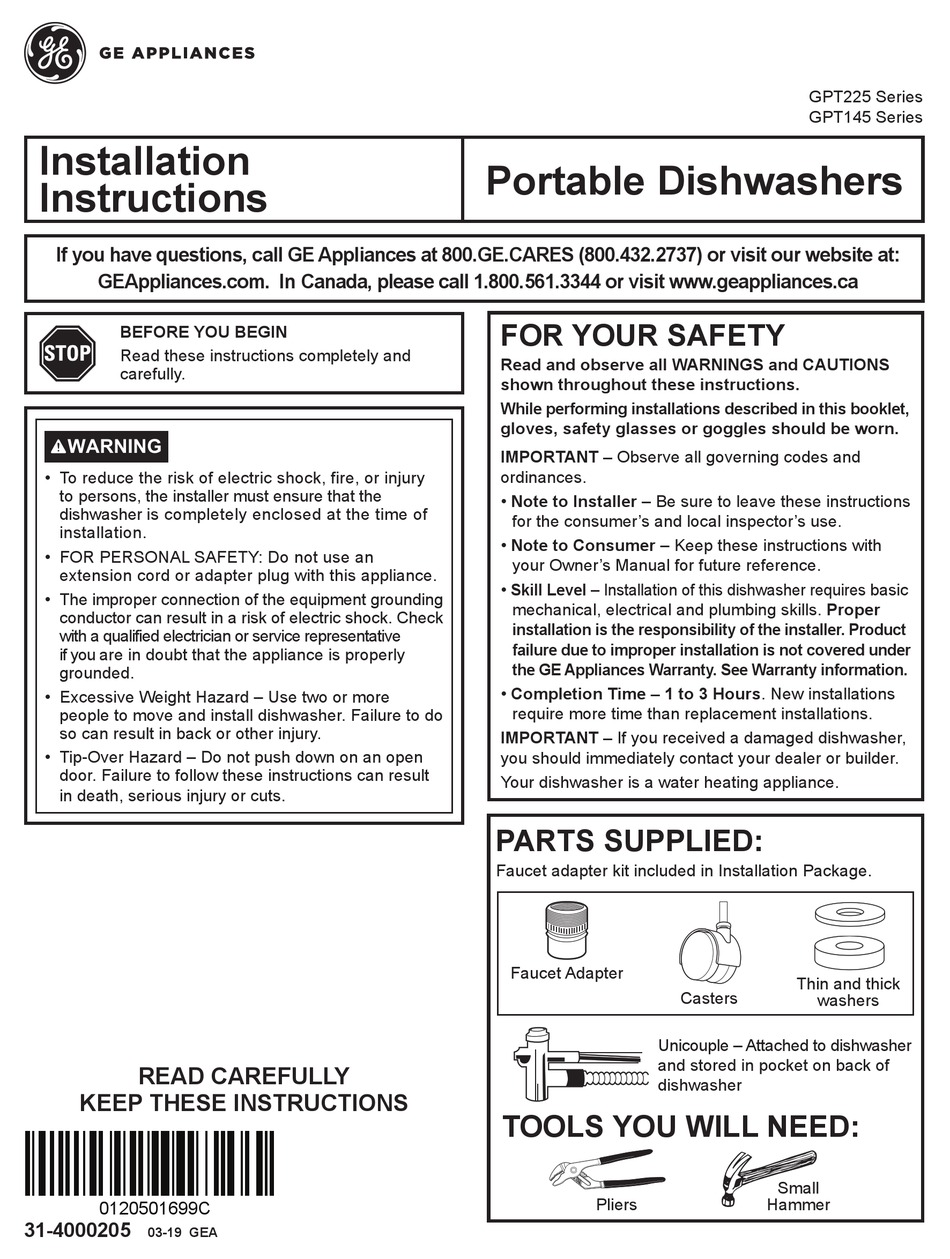 General electric best sale dishwasher instructions