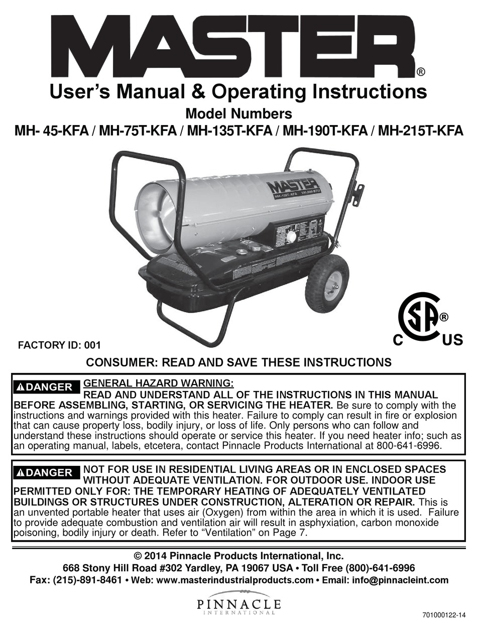 PINNACLE INTERNATIONAL MASTER MH-45-KFA USER'S MANUAL u0026 OPERATING  INSTRUCTIONS Pdf Download | ManualsLib