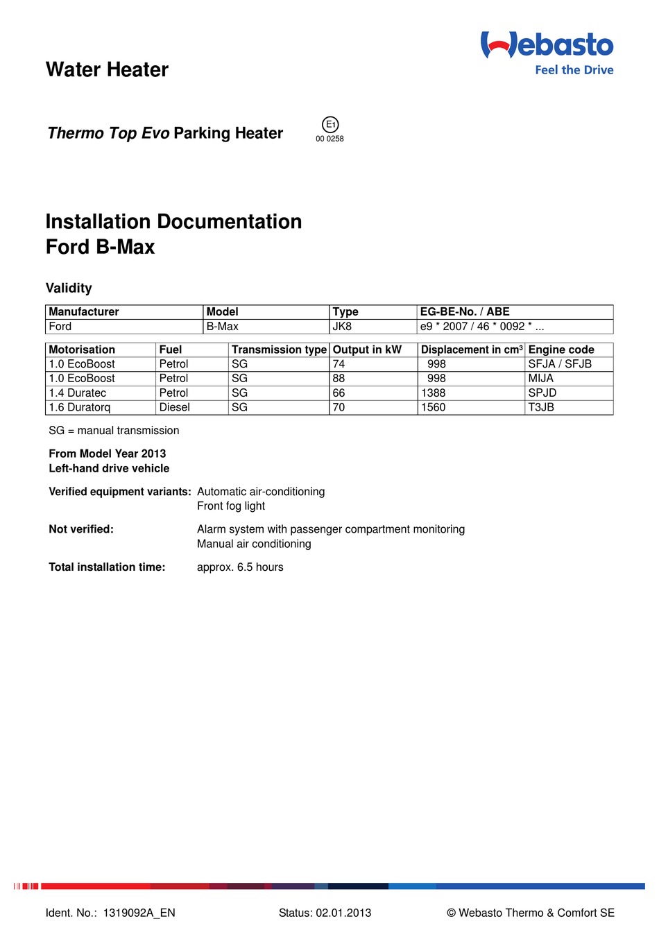 WEBASTO THERMO TOP EVO INSTALLATION DOCUMENTATION Pdf Download | ManuaLib