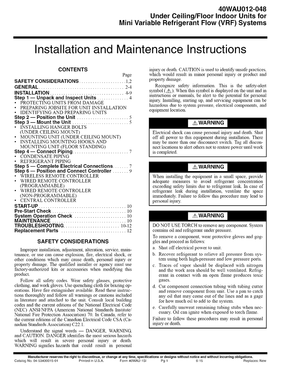 CARRIER 40WAU SERIES INSTALLATION AND MAINTENANCE INSTRUCTIONS MANUAL