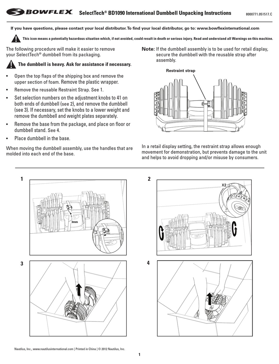 BOWFLEX SELECTTECH BD1090 UNPACKING INSTRUCTIONS MANUAL Pdf