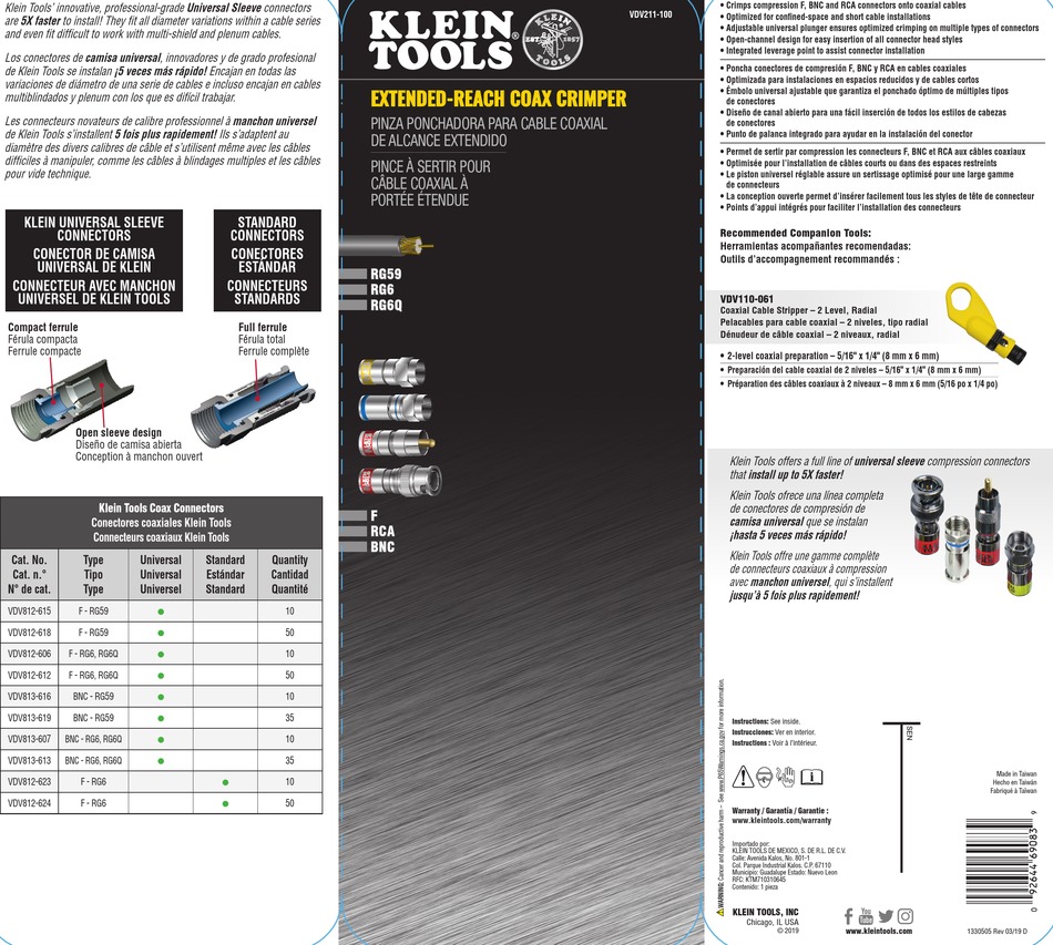 Klein Tools Dénudeur de câble coaxial, 2 niveaux, radial