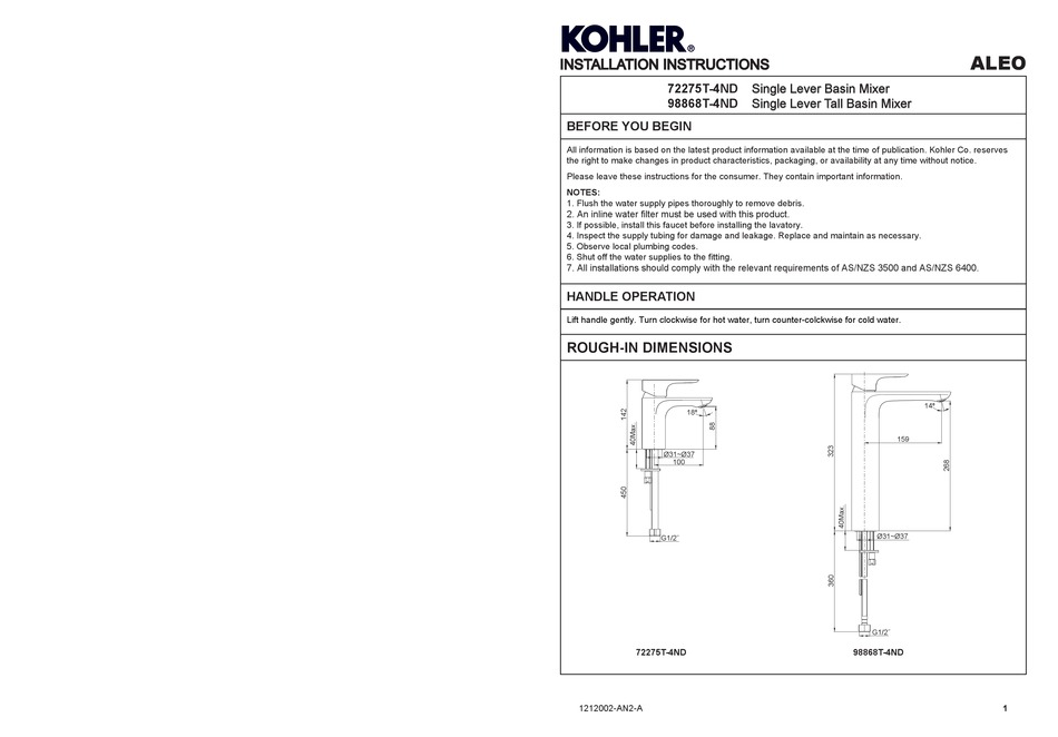 KOHLER 72275T 4ND INSTALLATION INSTRUCTIONS Pdf Download ManualsLib   Kohler 72275t 4nd 