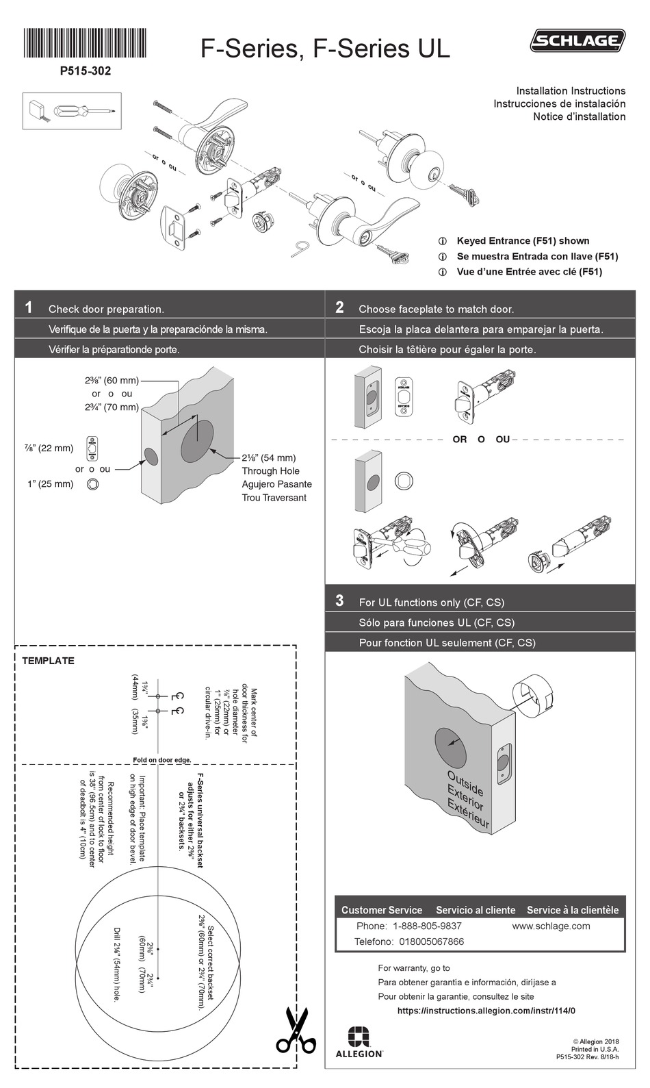 ALLEGION SCHLAGE F SERIES INSTALLATION INSTRUCTIONS Pdf Download ...