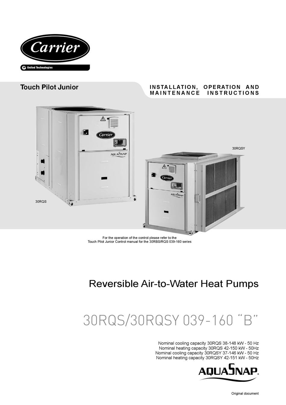 CARRIER AQUASNAP TOUCH PILOT JUNIOR SERIES INSTALLATION OPERATION AND 