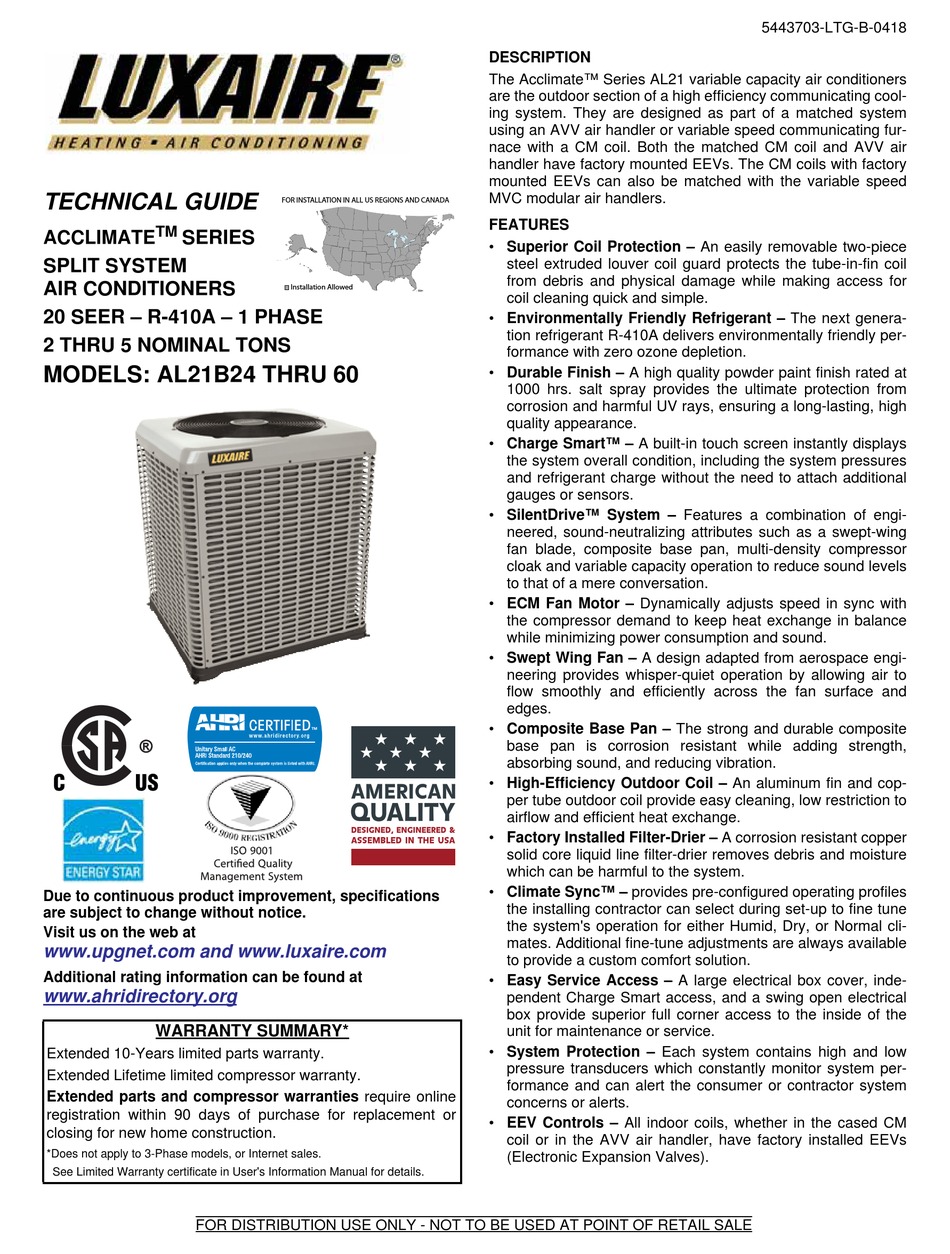 Luxaire Acclimate Al21b2421s Technical Manual Pdf Download Manualslib