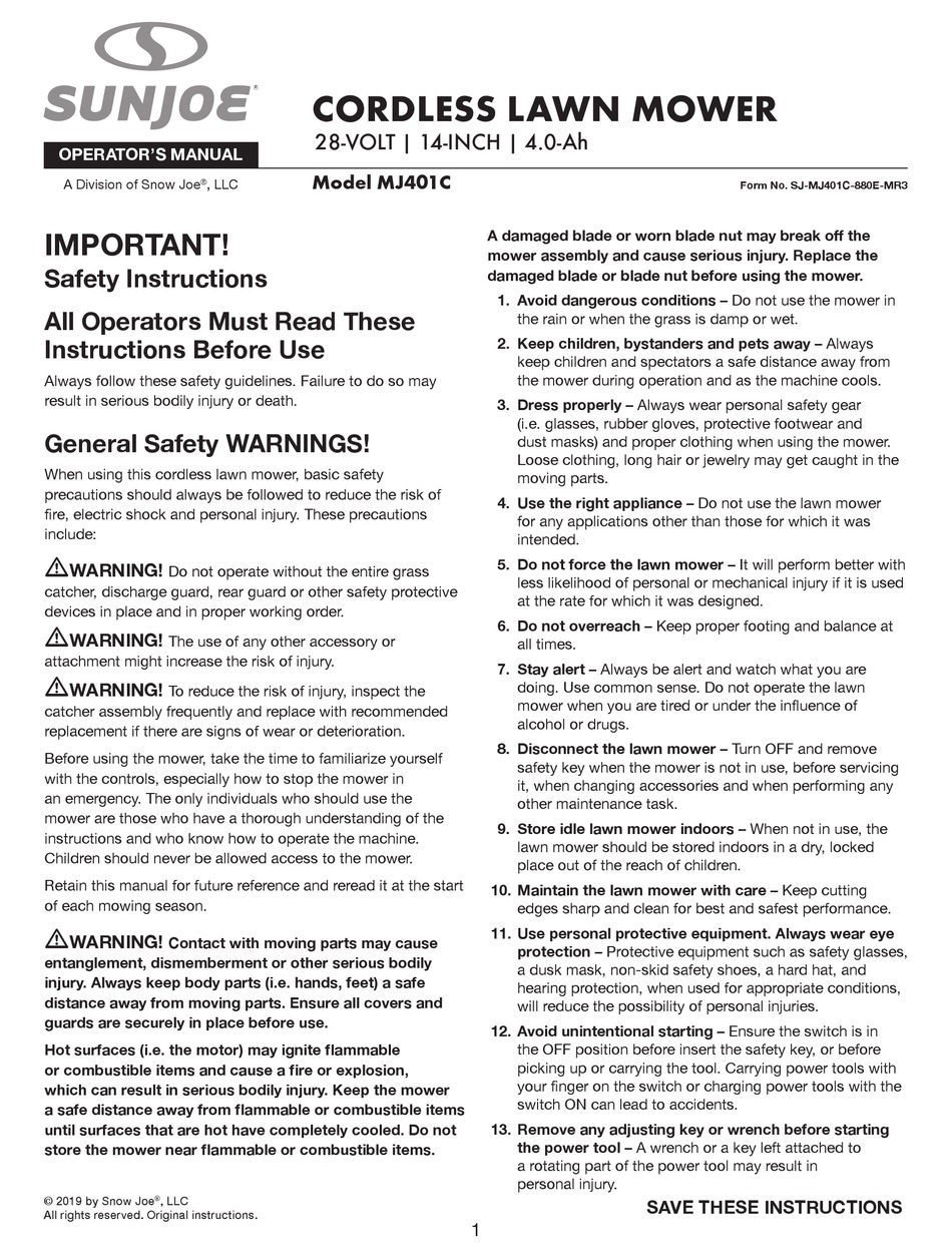 SNOWJOE SUN JOE MJ401C OPERATOR'S MANUAL Pdf Download ManualsLib