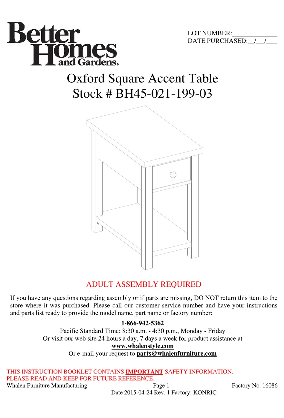 BETTER HOMES AND GARDENS OXFORD SQUARE SERIES ASSEMBLY MANUAL Pdf