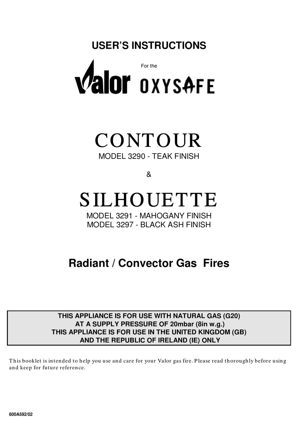 Valor Contour Oxysafe Model 329 Gas Fire Oxypilot 0545949 NG9044 