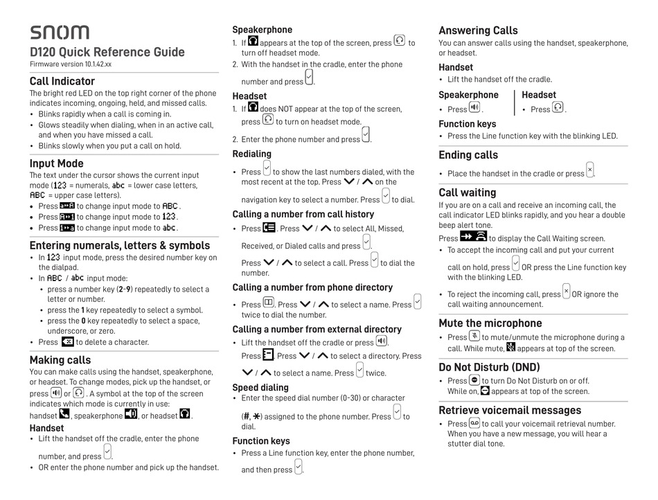 SNOM D120 QUICK REFERENCE MANUAL Pdf Download | ManualsLib