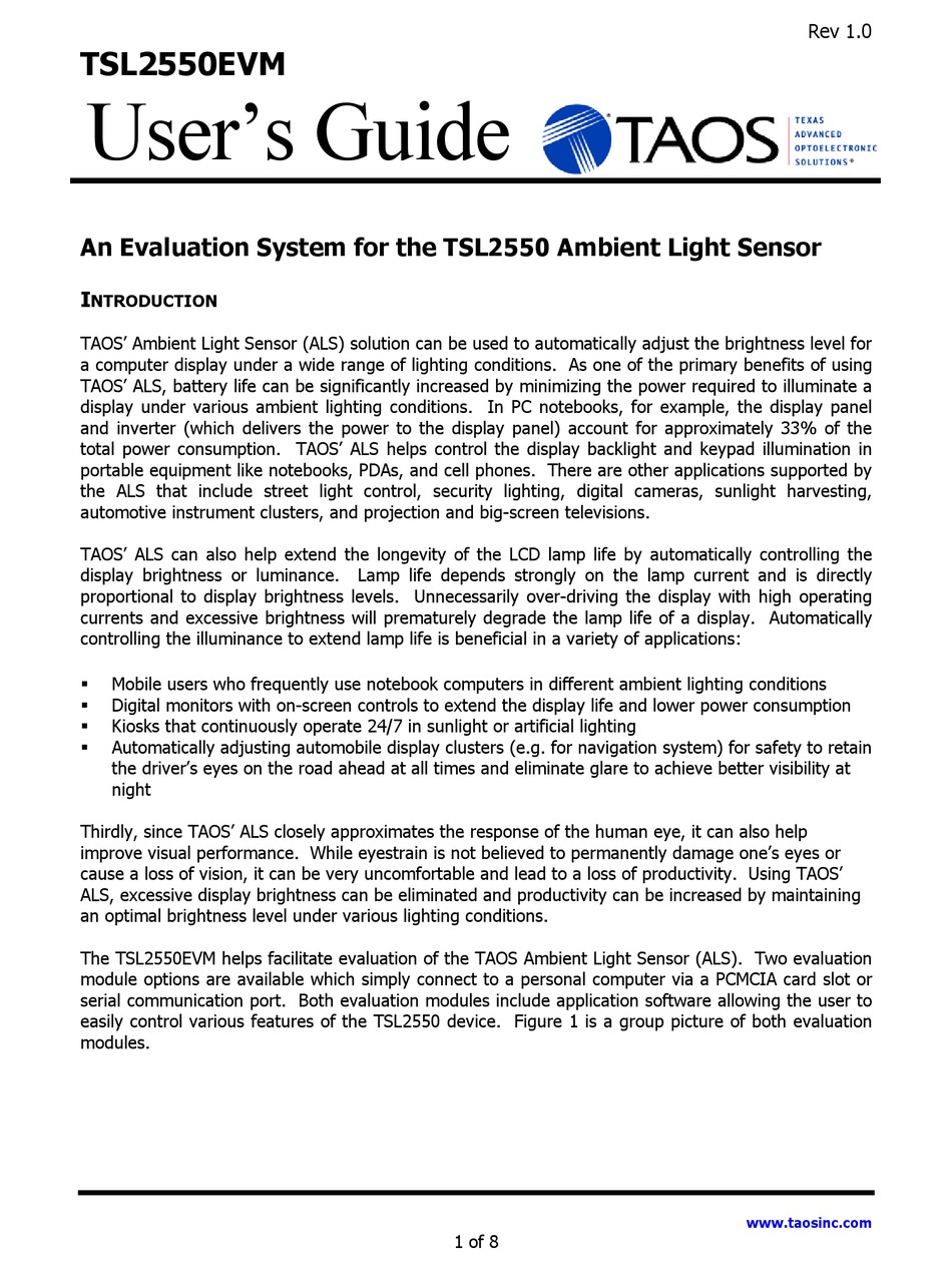 TAOS TSL2550EVM USER MANUAL Pdf Download ManualsLib