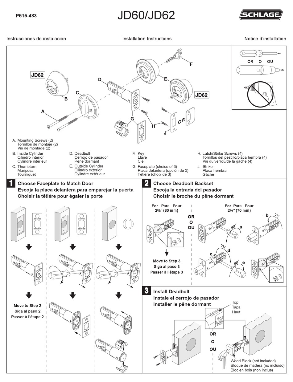 Schlage JD60/JD62 Single Cylinder Deadbolt Installation Manual