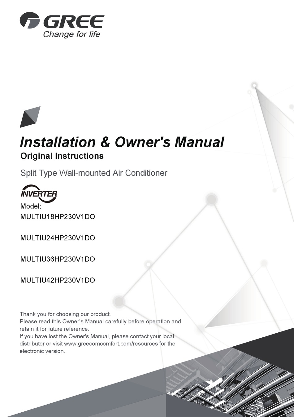 GREE MULTIU18HP230V1DO INSTALLATION u0026 OWNER'S MANUAL Pdf Download |  ManualsLib