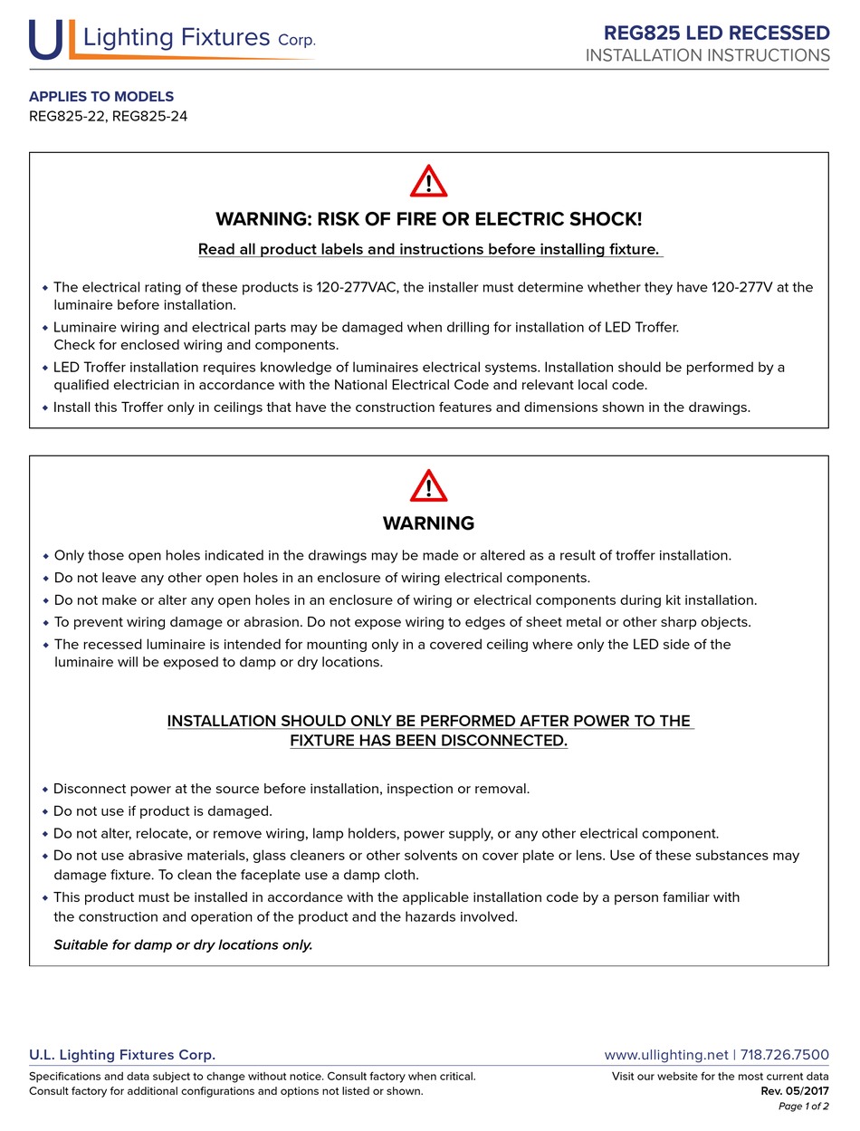 LIGHTING FIXTURES REG825 SERIES INSTALLATION INSTRUCTIONS Pdf Download
