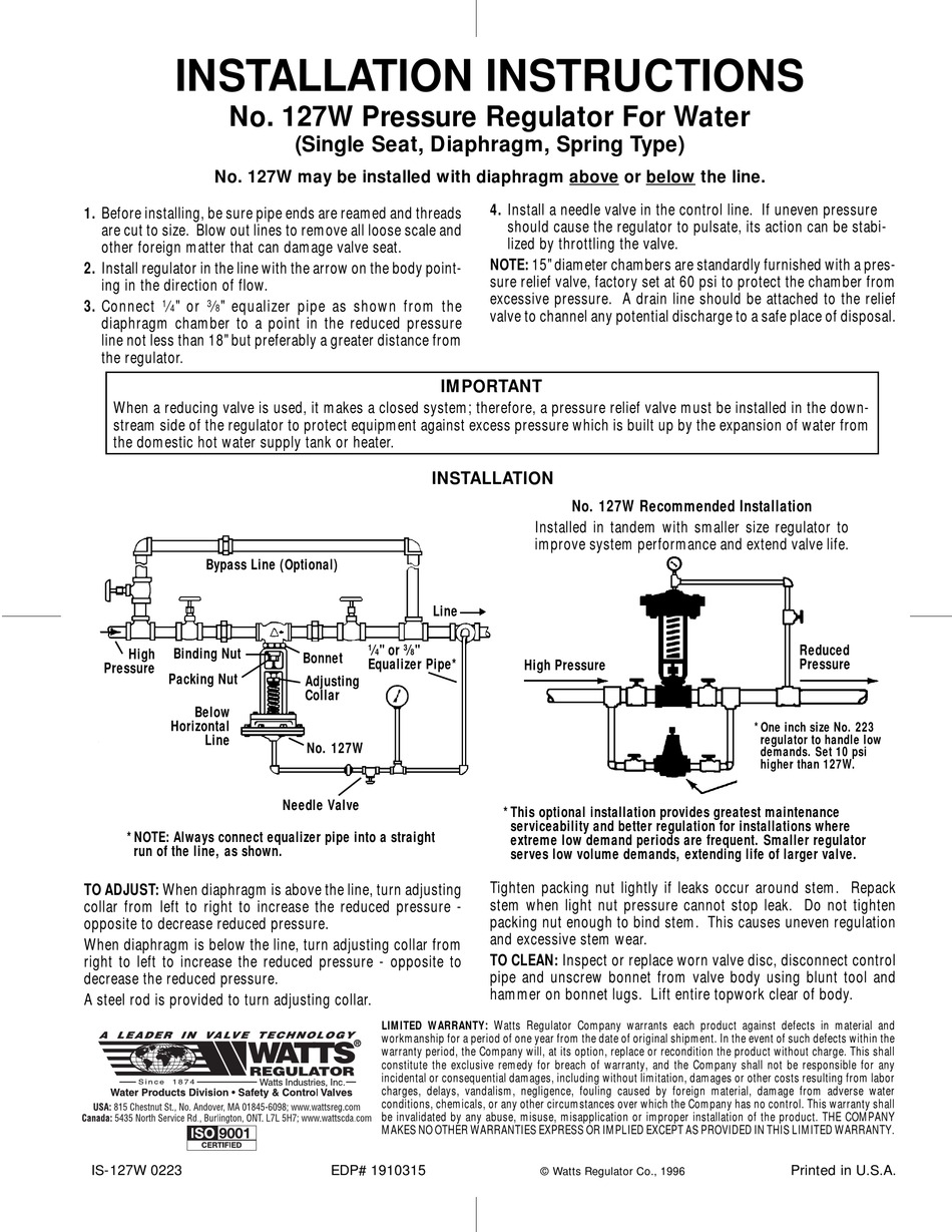 WATTS 127W INSTALLATION INSTRUCTIONS Pdf Download | ManualsLib