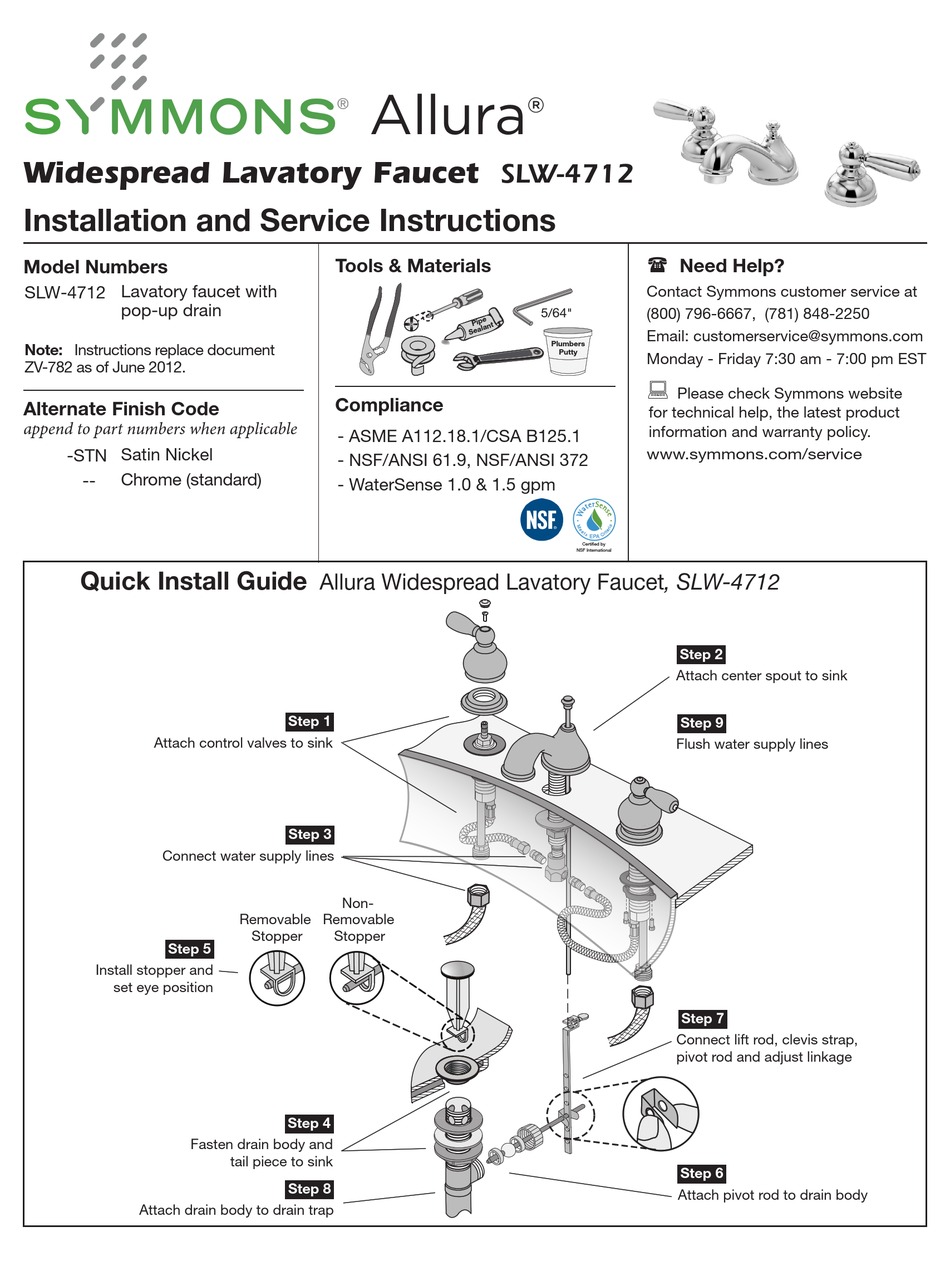 SYMMONS ALLURA SLW4712 INSTALLATION AND SERVICE INSTRUCTIONS Pdf