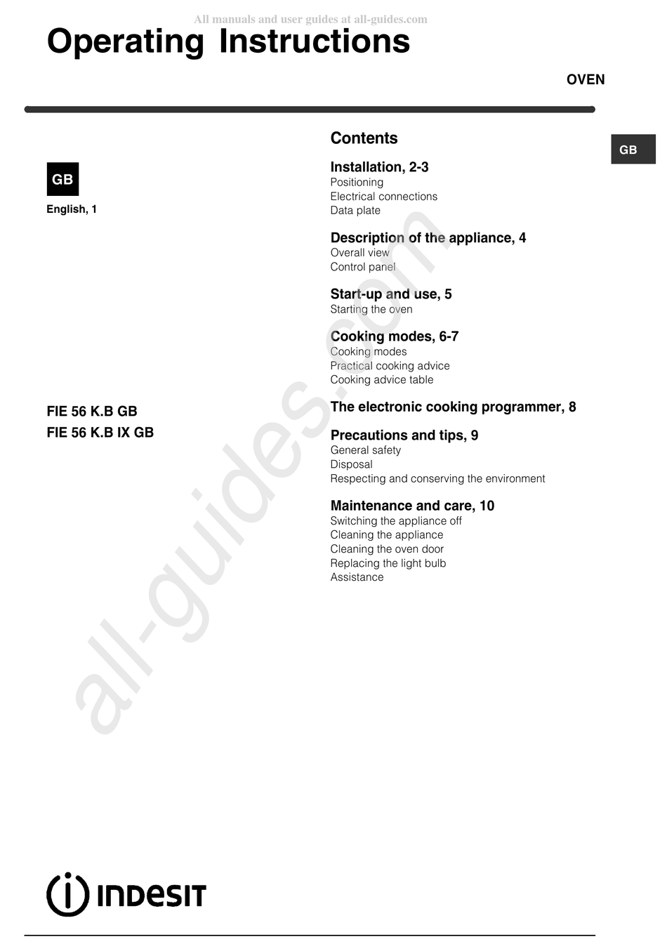 INDESIT FIE 56 K.B GB OPERATING INSTRUCTIONS MANUAL Pdf Download ...