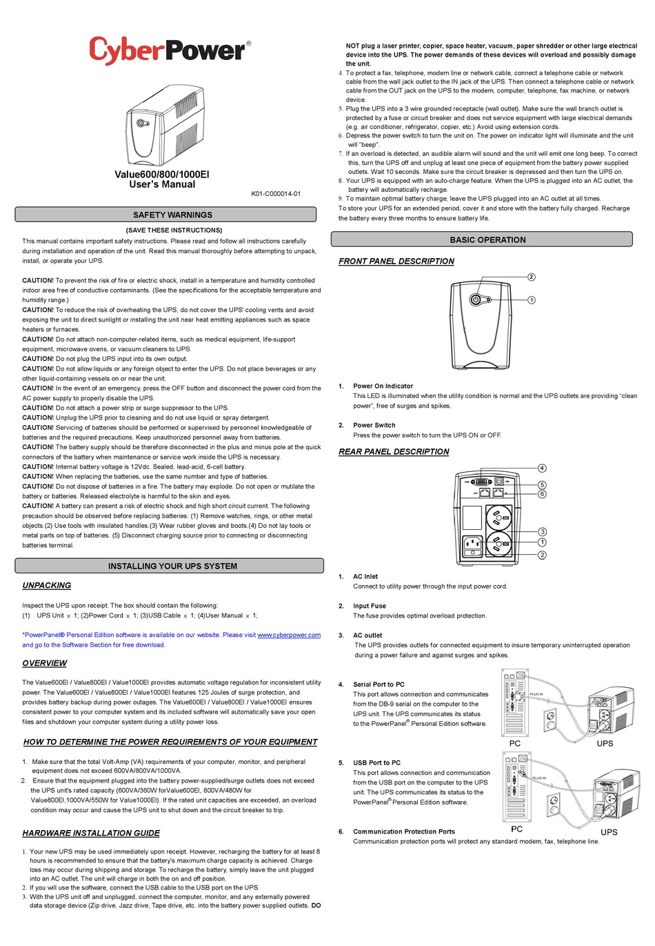 CYBERPOWER VALUE600EI-AU USER MANUAL Pdf Download | ManualsLib