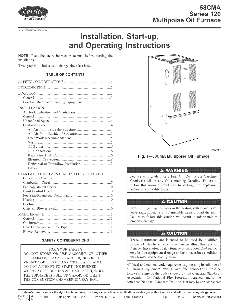 CARRIER 120 SERIES INSTALLATION, START-UP, AND OPERATING INSTRUCTIONS