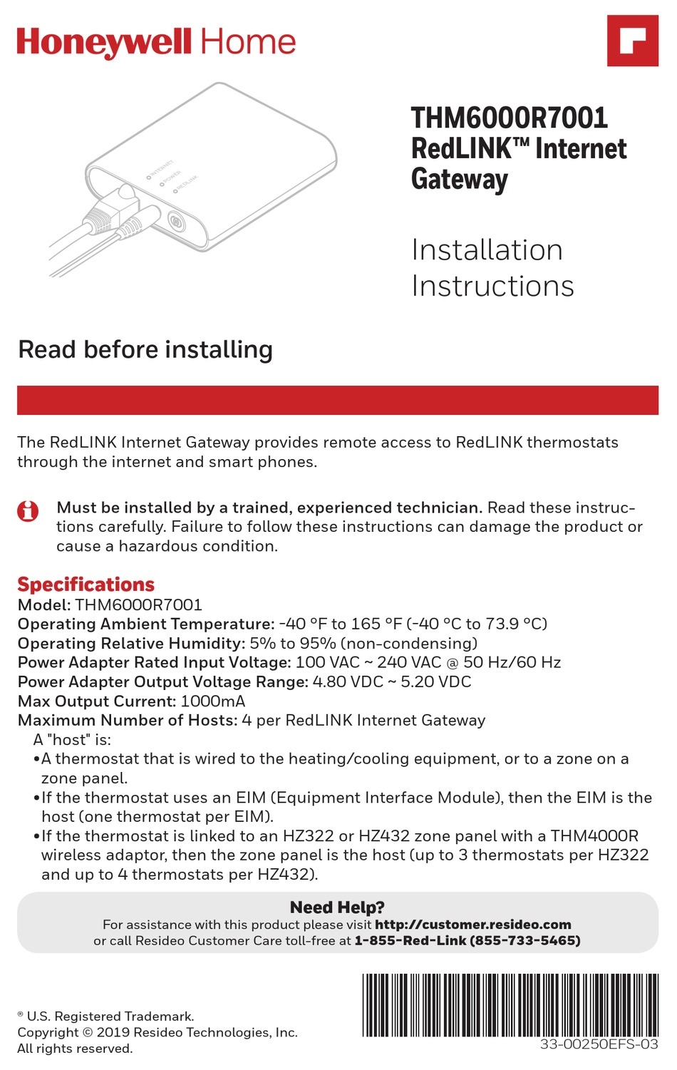 HONEYWELL HOME REDLINK THM6000R7001 INSTALLATION INSTRUCTIONS MANUAL