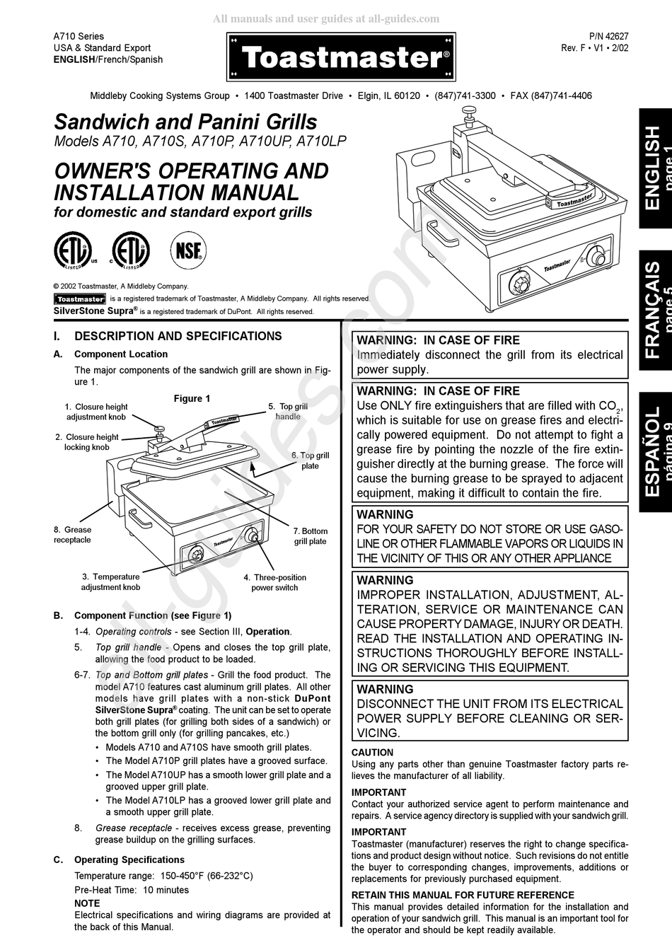 TOASTMASTER A710 OWNER'S OPERATING AND INSTALLATION MANUAL Pdf Download