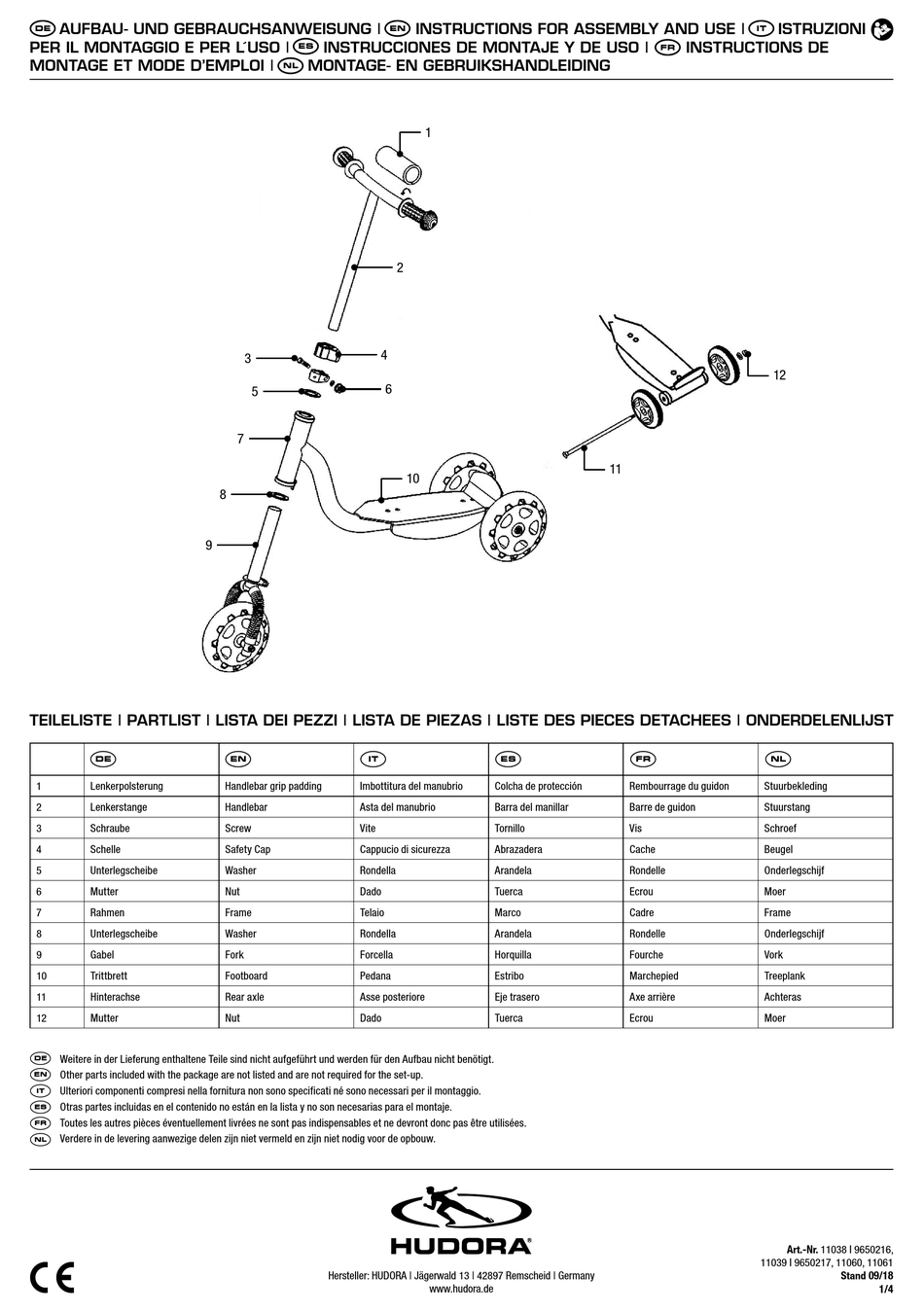 HUDORA KIDDYSCOOTER SERIES INSTRUCTIONS FOR ASSEMBLY AND USE Pdf