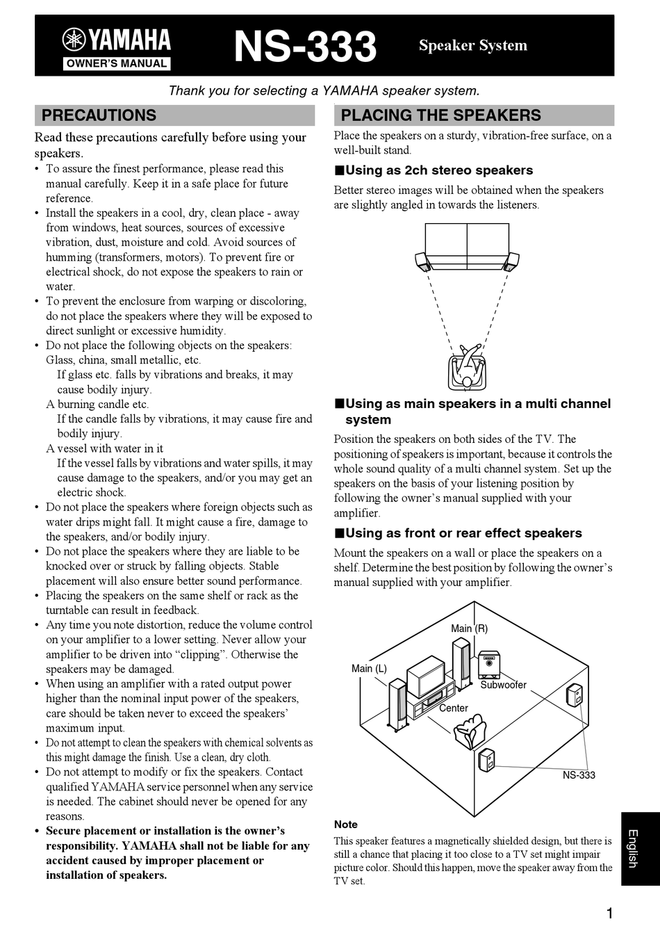 YAMAHA NS-333 OWNER'S MANUAL Pdf Download | ManualsLib