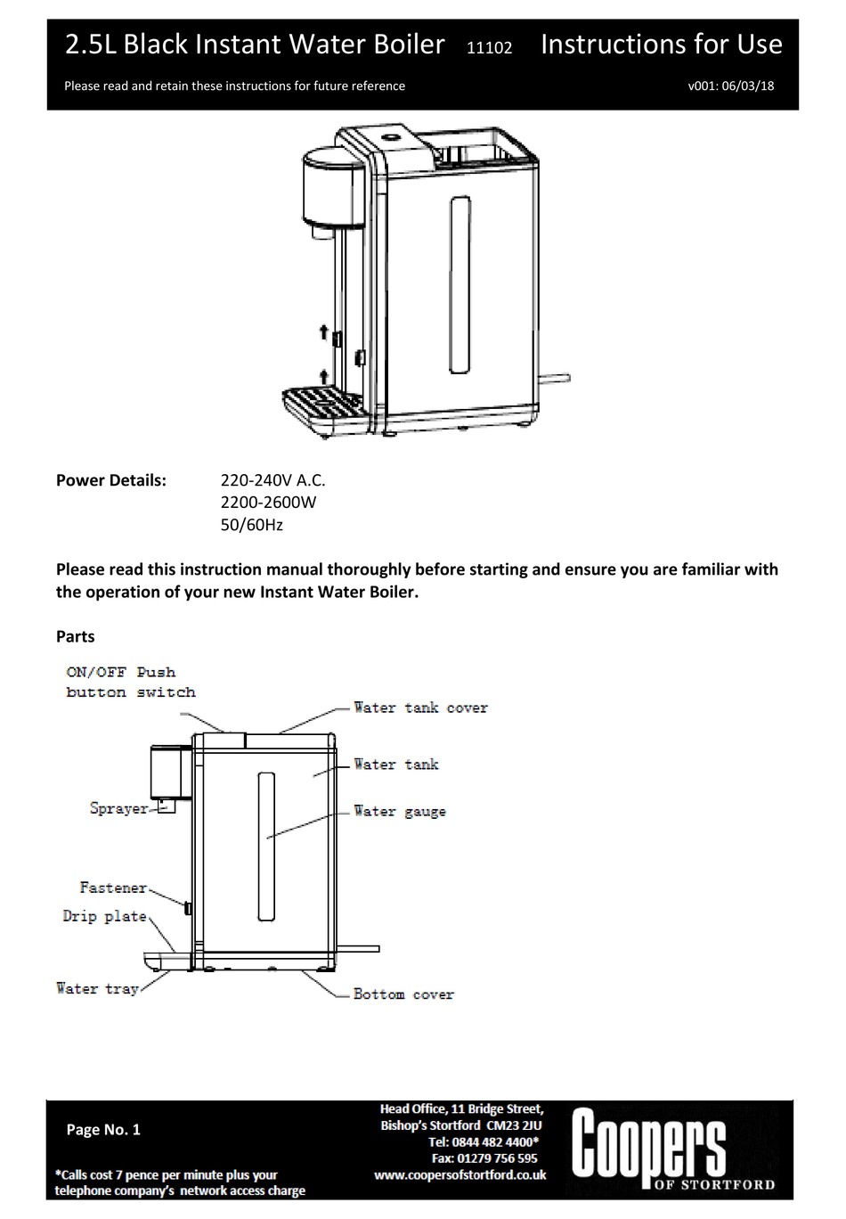 Coopers Instant Water Boiler 