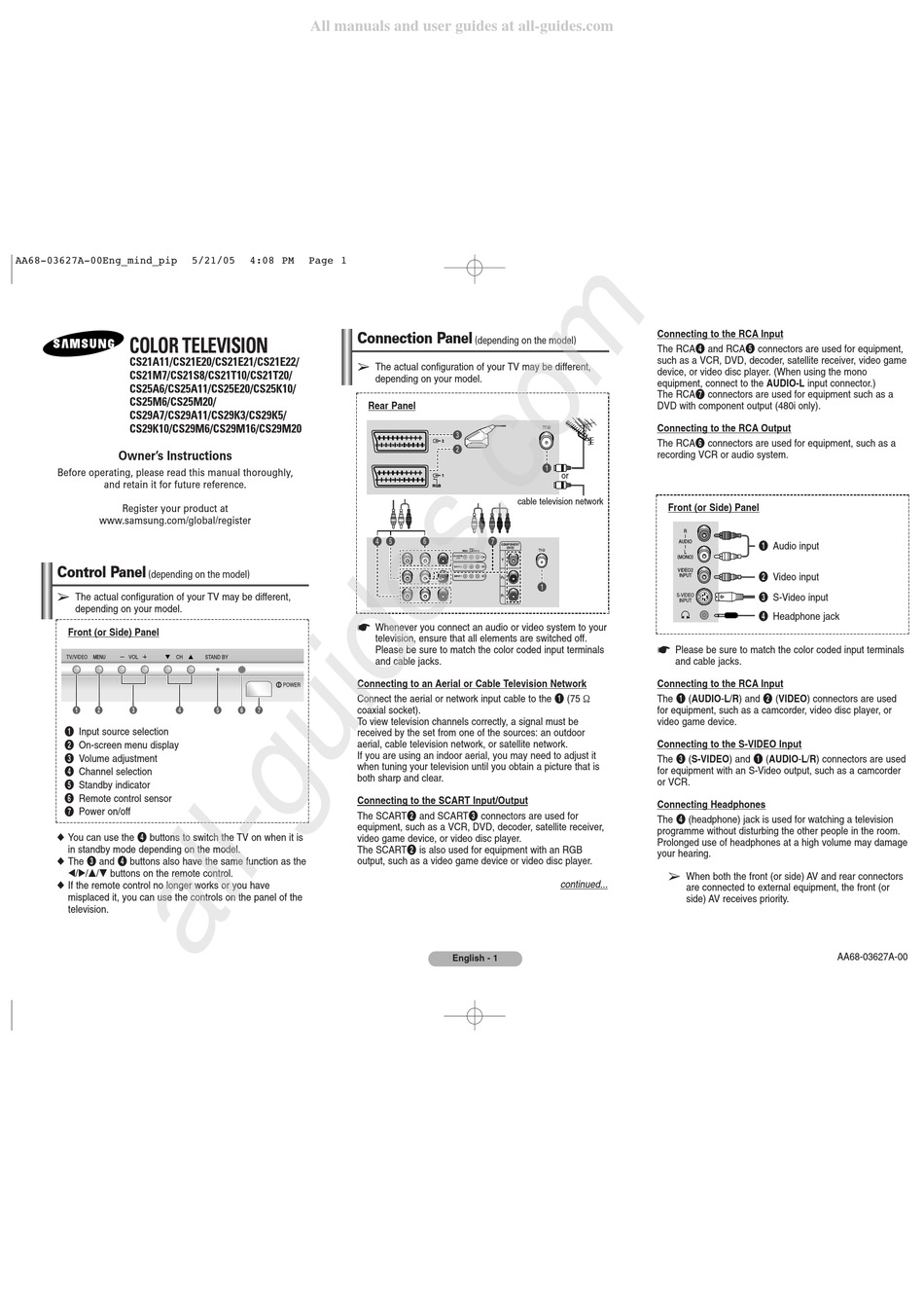 SAMSUNG CS21A11 OWNER'S INSTRUCTIONS MANUAL Pdf Download | ManualsLib