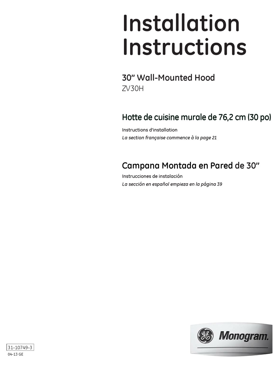 GE ZV30H SERIES INSTALLATION INSTRUCTIONS MANUAL Pdf Download ManualsLib