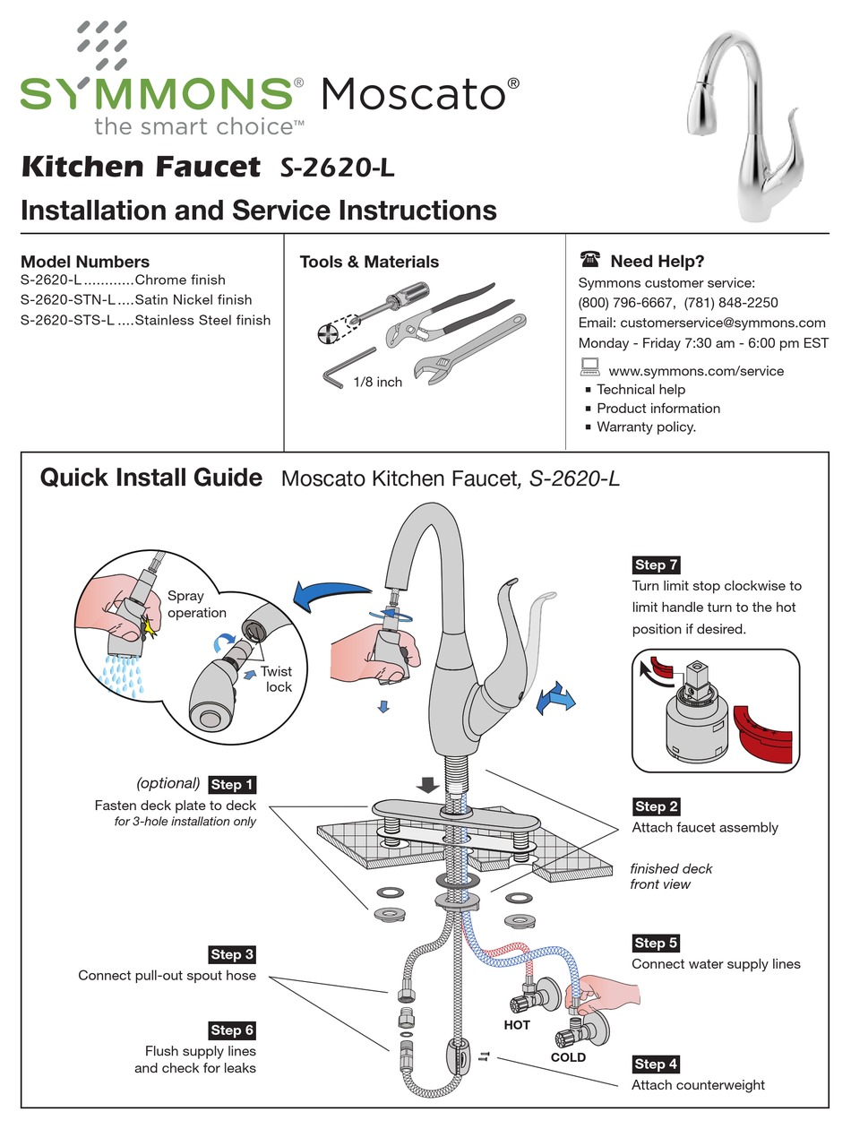 SYMMONS MOSCATO S2620L SERIES INSTALLATION AND SERVICE INSTRUCTIONS