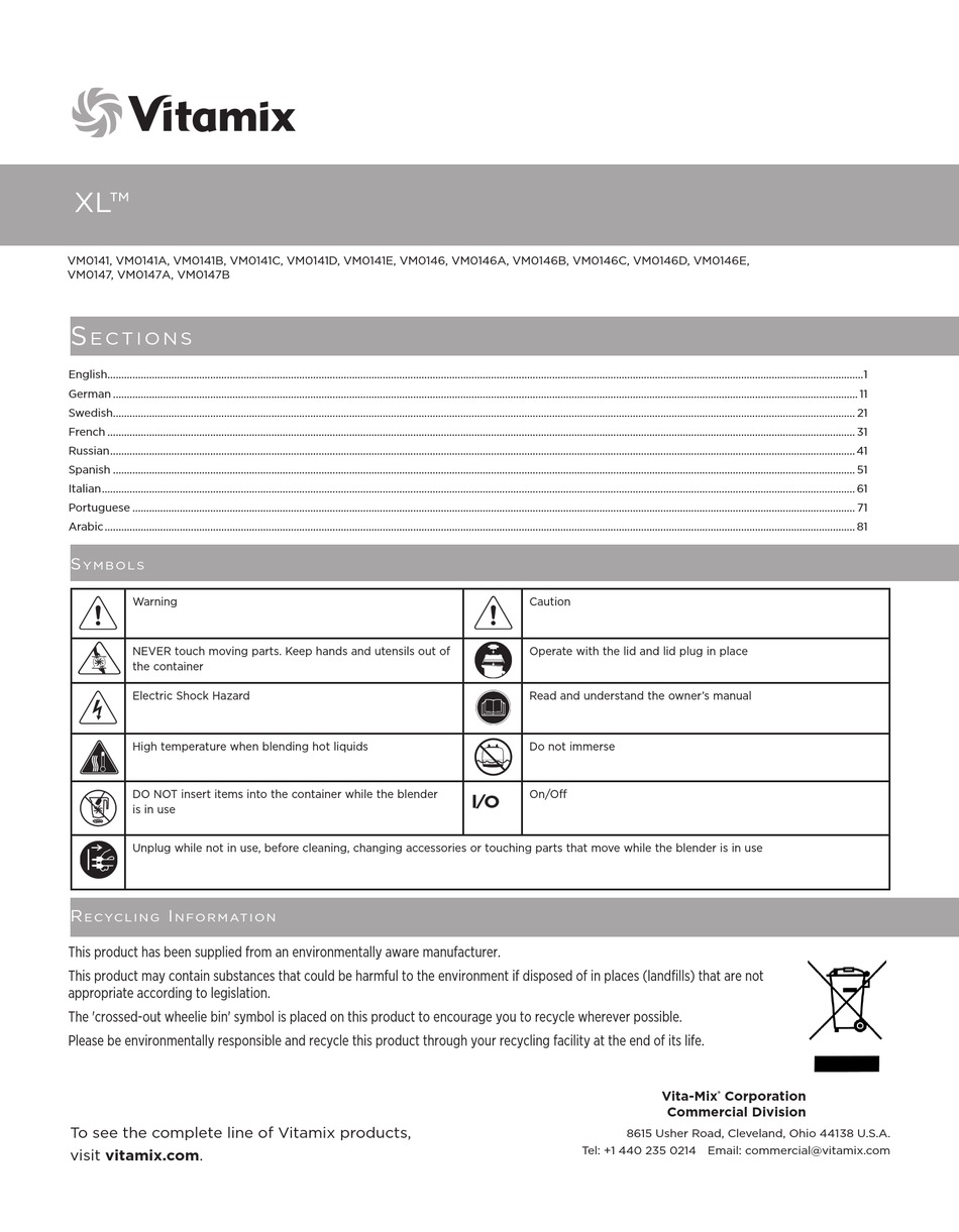 VITAMIX XL SERIES MANUAL Pdf Download ManualsLib