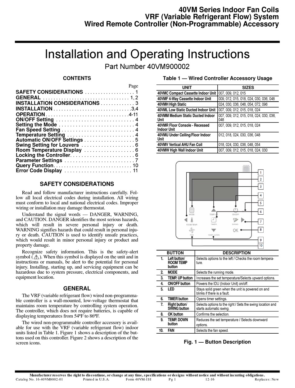 CARRIER 40VM SERIES INSTALLATION AND OPERATING INSTRUCTIONS MANUAL Pdf ...