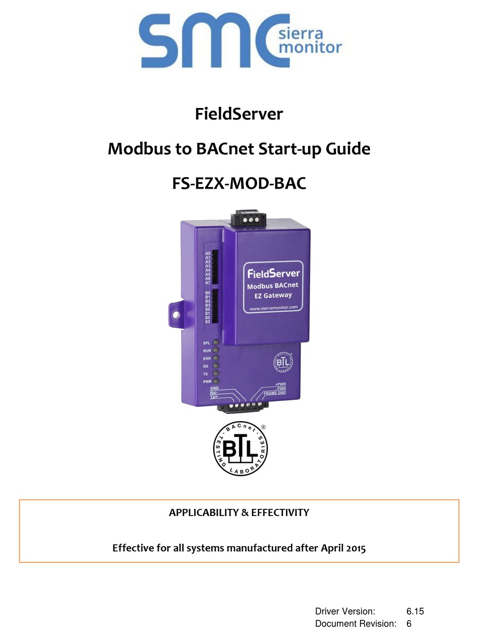 SMC NETWORKS FIELDSERVER FSEZXMODBAC STARTUP MANUAL Pdf Download