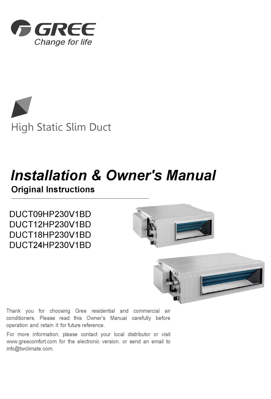 GREE DUCT09HP230V1BD INSTALLATION u0026 OWNER'S MANUAL Pdf Download | ManualsLib