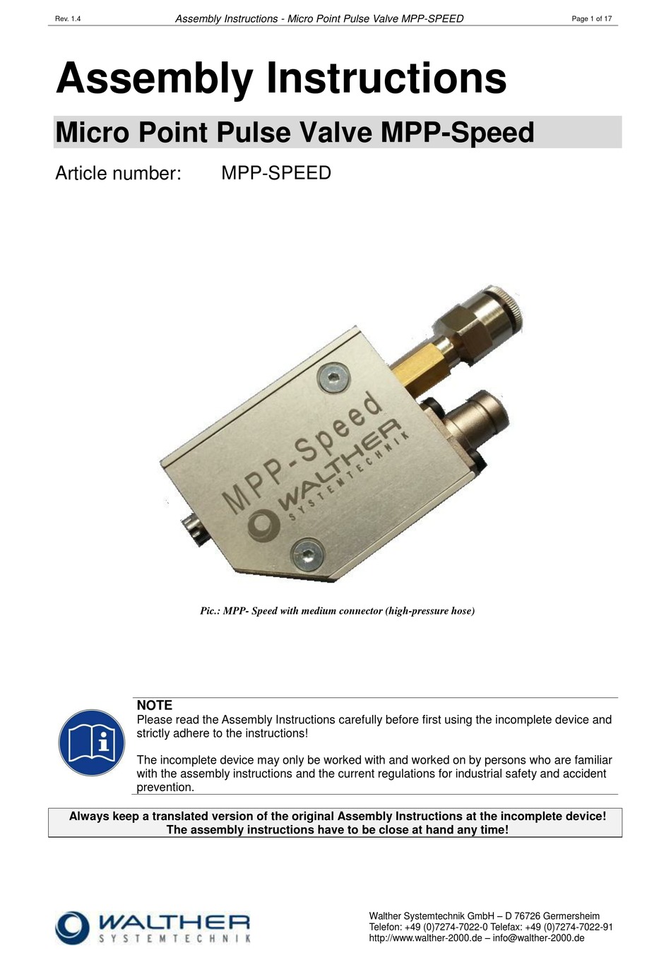 WALTHER SYSTEMTECHNIK MPP SPEED ASSEMBLY INSTRUCTIONS MANUAL Pdf 