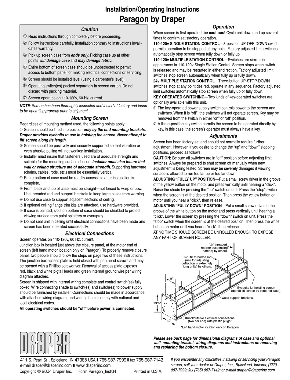 DRAPER PARAGON INSTALLATION AND OPERATING INSTRUCTIONS Pdf Download