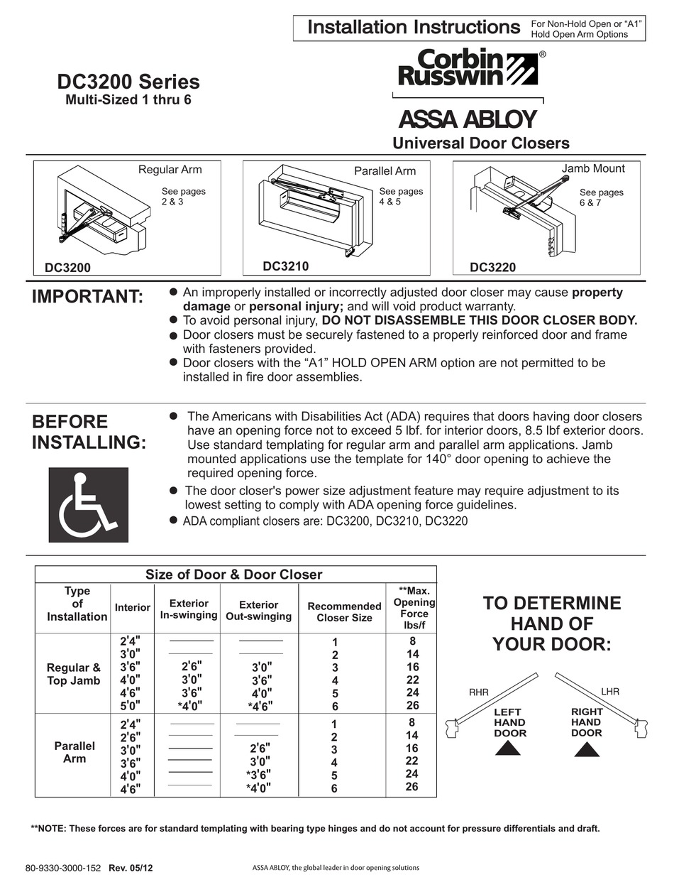ASSA ABLOY DC3210 INSTALLATION INSTRUCTIONS MANUAL Pdf Download